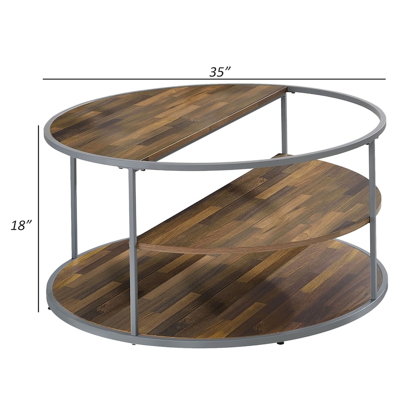 Lenn 35 Inch 3 Tier Round Brown Coffee Table, Half Shelf Design, Gray Frame