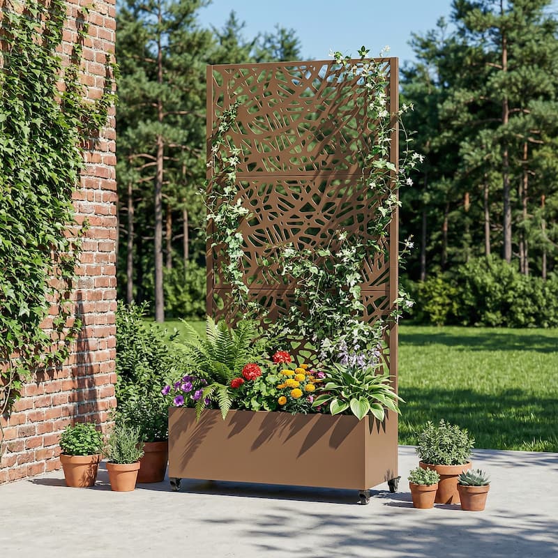 Metal Galvanized Planter Box with Trellis Privacy Screen Lockable Wheels