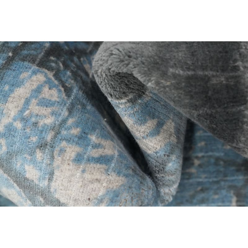 Hand Knotted Oriental Viscose Silk Carpet Modern Abstract Navy Blue & Blues Abstract Runner Rug - 4' 7'' X 2' 4''