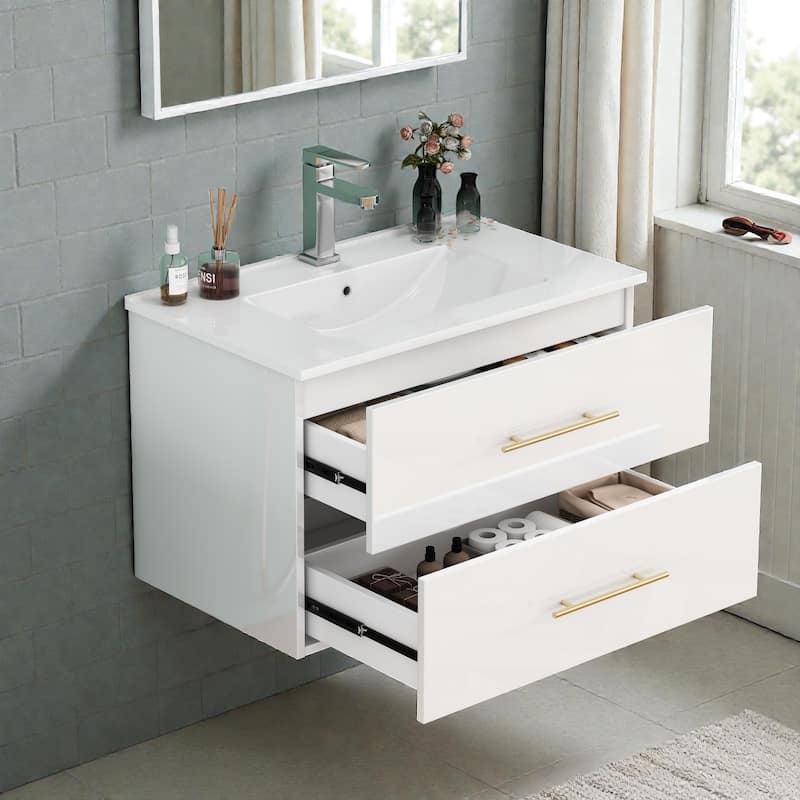 30" Gloss Wall-Mounted Bathroom Vanity with Integrated Ceramic Sink, Double Drawers & Long Metal Handle for Modern Bathrooms
