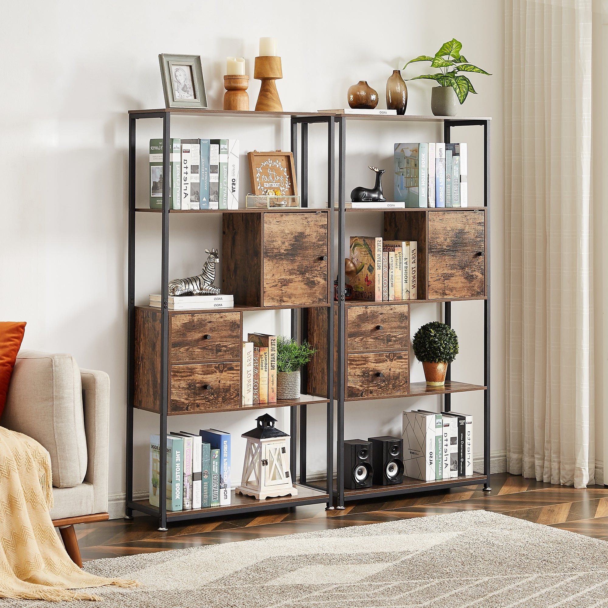 VECELO 4-Tier Book Shelf with 2 Storage Drawers and 1 Cabinet, Set of 2 Bookcase