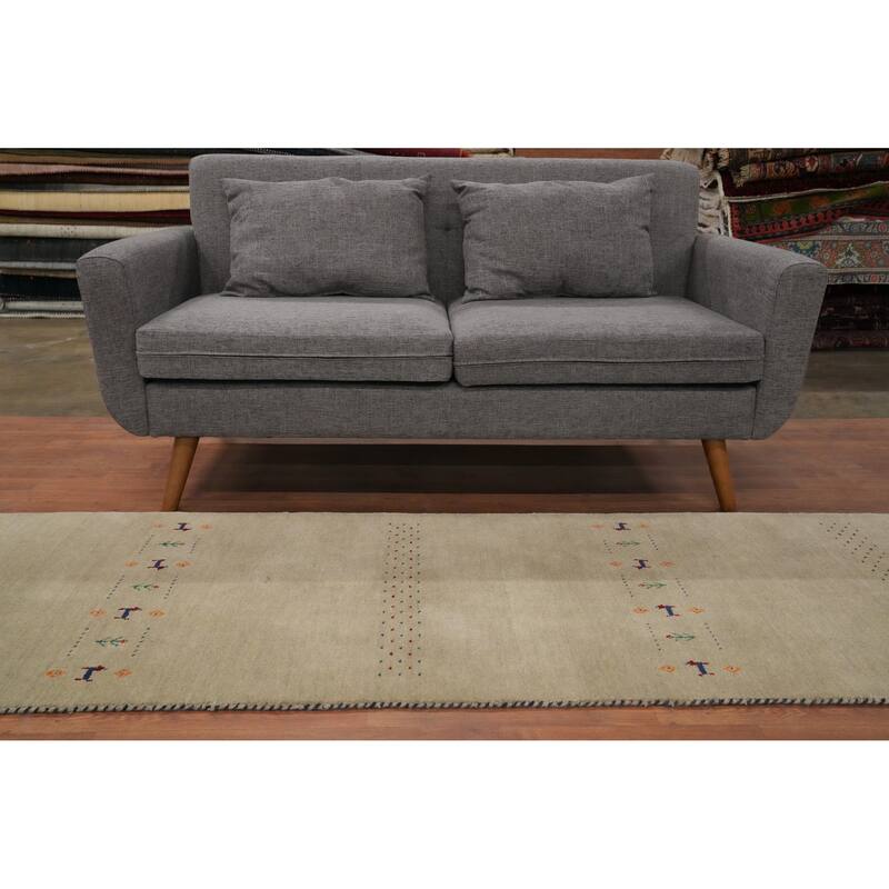 Hand Knotted Oriental 100% Wool Carpet Tribal Animal Pictorial Beige & Ivories Gabbeh Runner Rug - 11' 0'' X 2' 6''