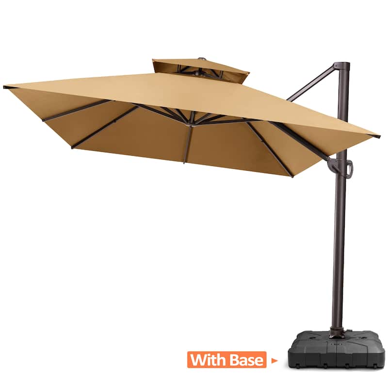 Pellebant 10FT x 13FT Outdoor Patio Offset Umbrella 360 degrees Rotation with Base - Tan