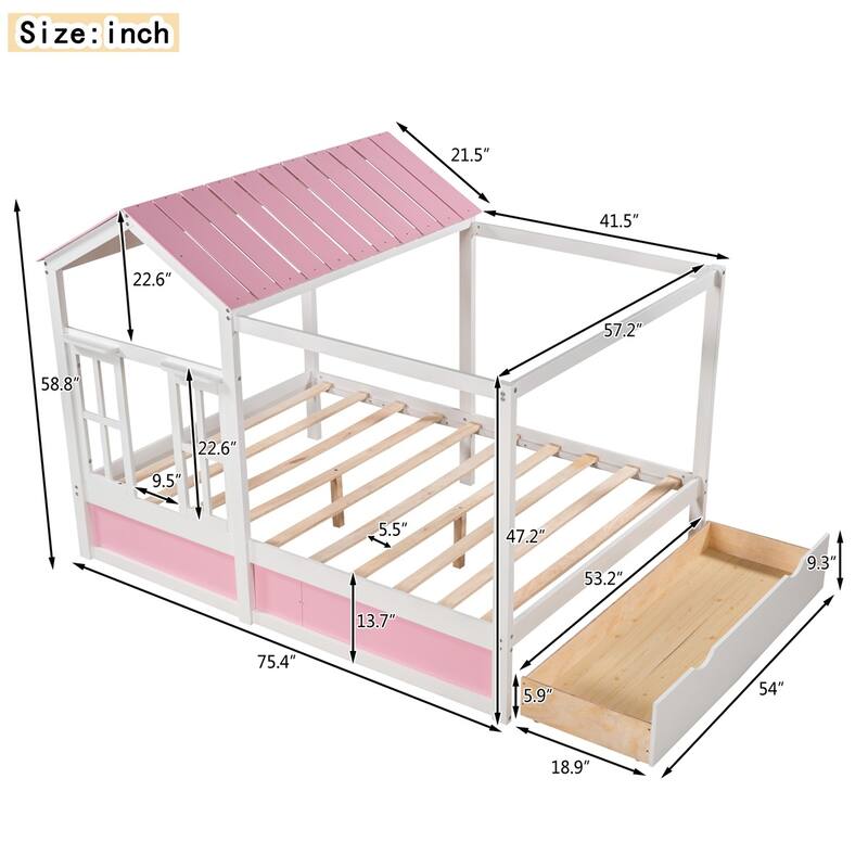 Merax House Bed with Roof, Window and Drawer