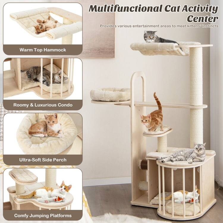 55 Inch Tall Multi-Level Cat Tree with Washable Removable Cushions-Natural - natural