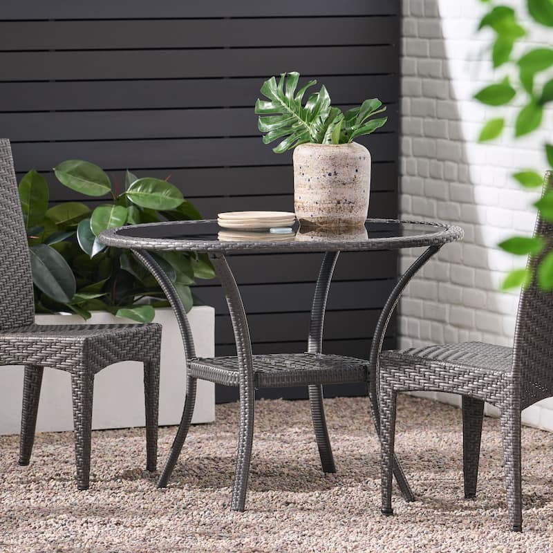40 Inch Grey Rattan Bistro Table Glass Top Iron Frame Outdoor