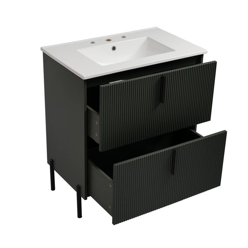 30" Bathroom Vanity with Ceramic Sink and Full-Extension Drawers, Soft Close Undermount Drawer Slides, Fluted Design
