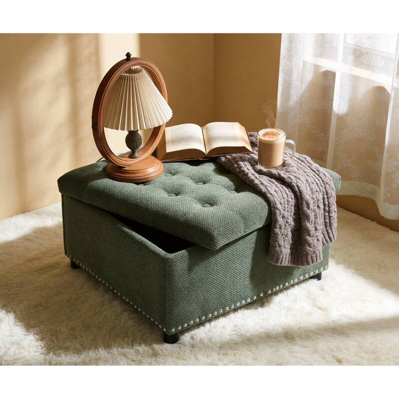 Square Tufted Upholstered Storage Ottoman with Nailhead Trim