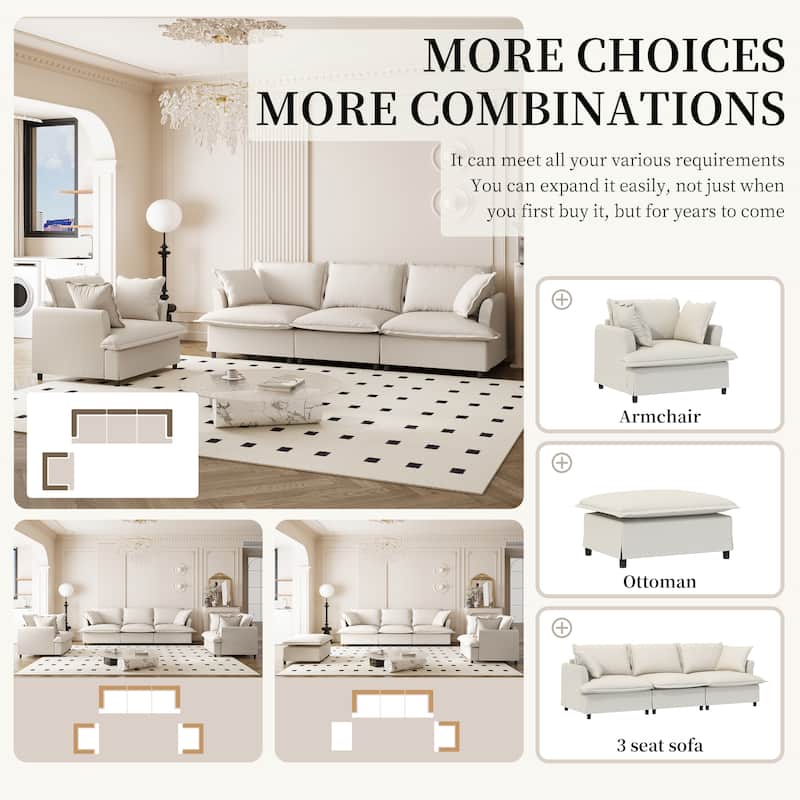 2-Piece Chenille Modular Sofa Set (3+Armchair) with Skirt Edge & Spring Cushions
