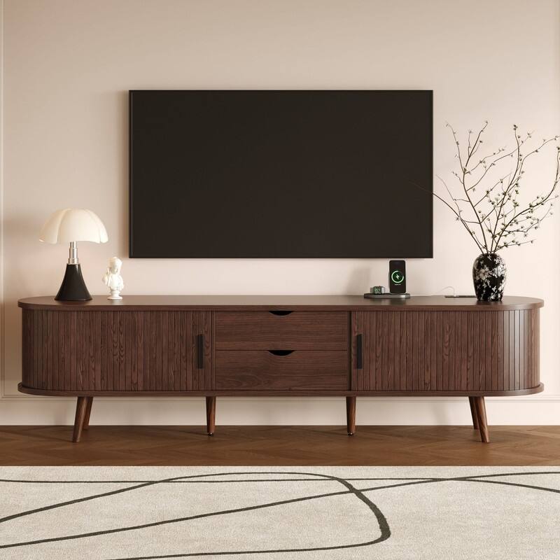 Mid Century Modern 70" TV Stand for TVs Up to 80", TV Consoles with 2 Doors, 2 Drawers and Power Outlet for Living Room, Bedroom - Dark Brown
