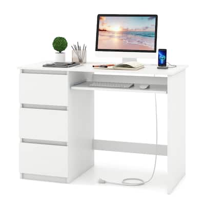 Costway Computer Desk with Power Outlet Keyboard Tray & 3 Large