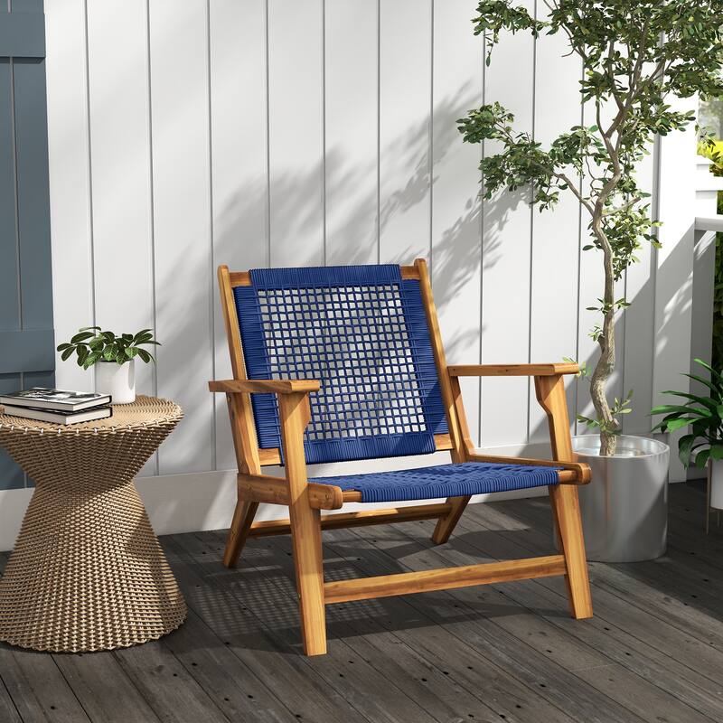 Modern Acacia Wood Adirondack Chair with PP Rope Weave, Patio Fire Pit Chair with High Backrest Support, Dark Blue