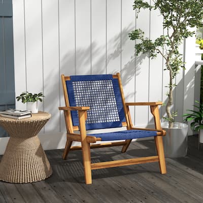Modern Acacia Wood Adirondack Chair with PP Rope Weave, Patio Fire Pit Chair with High Backrest Support, Dark Blue