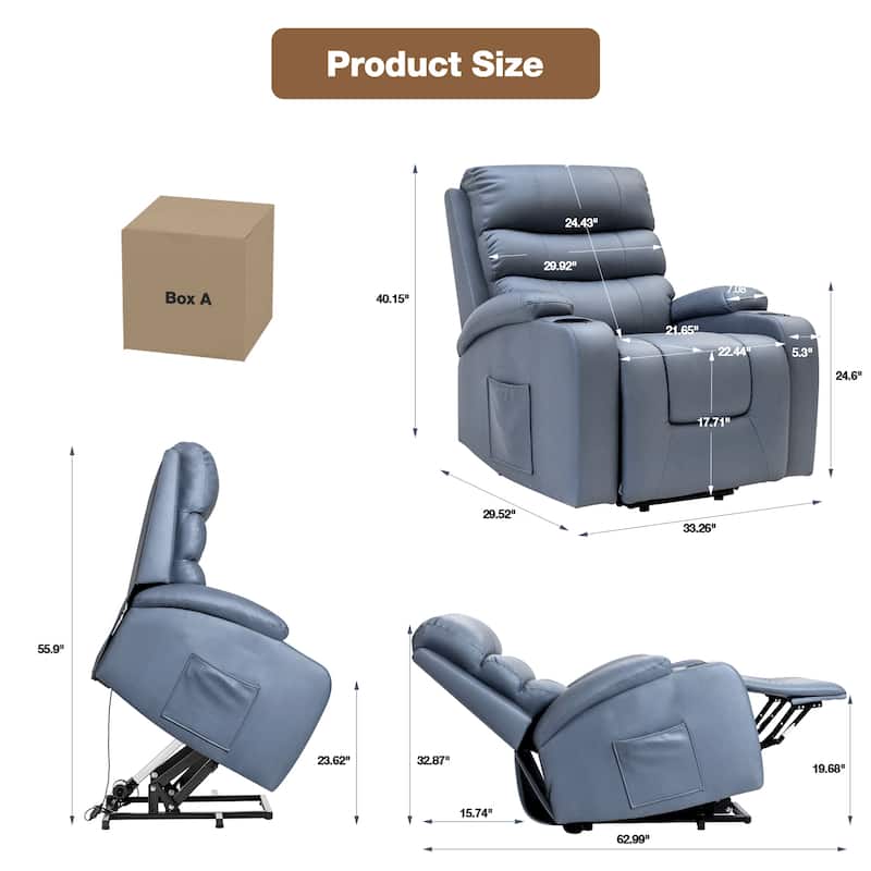 Oversized Power Lift Recliner Chair with Massage & Heat, PU Leather, USB Port, Cup Holders & Pockets