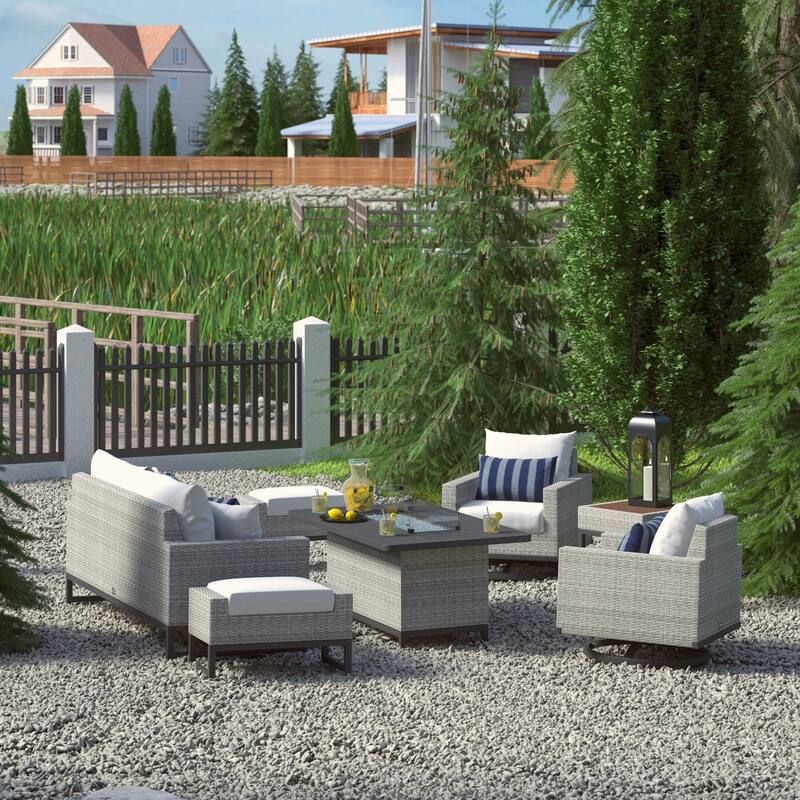 Milo Gray 7 Piece Sunbrella Outdoor Patio Motion Fire Set