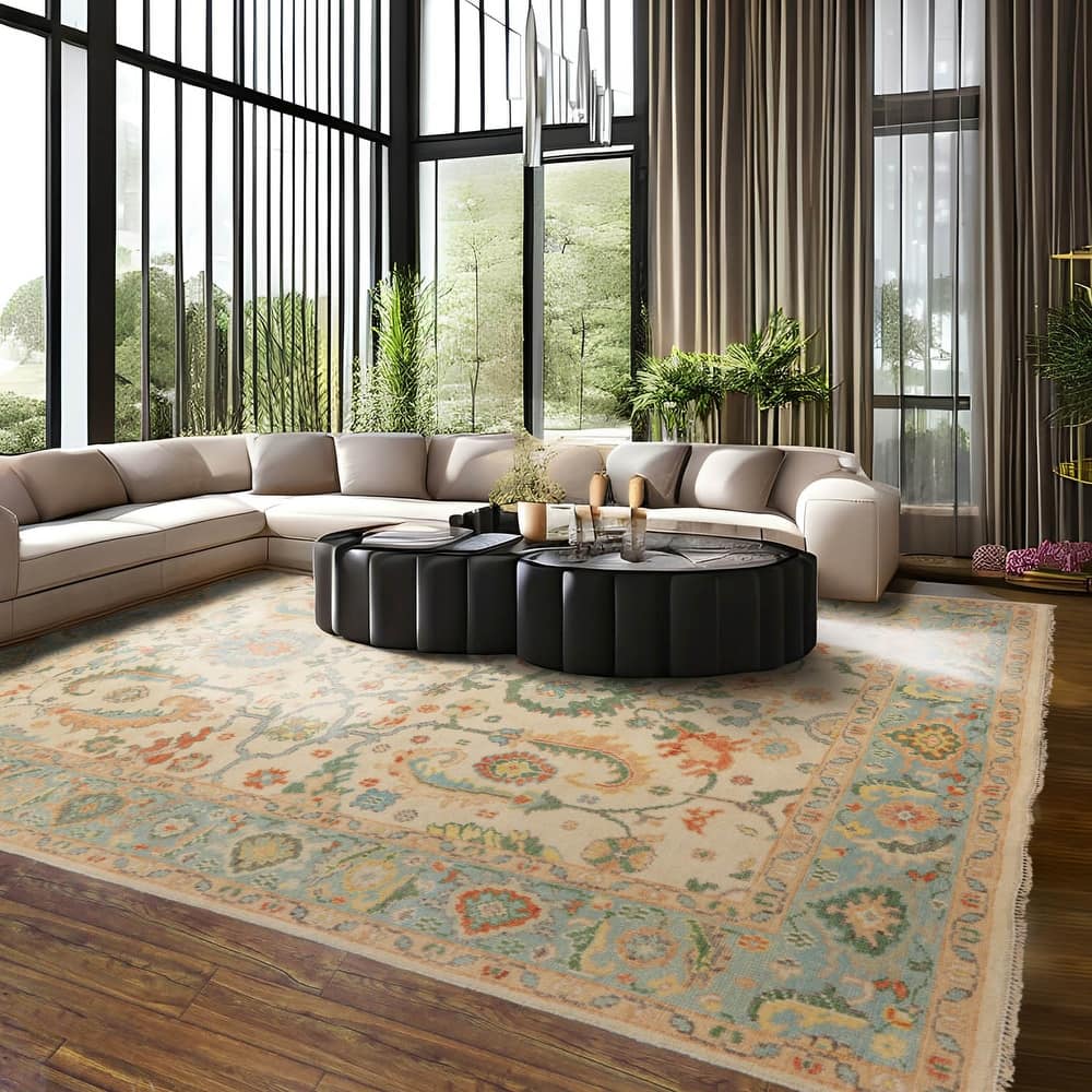 LoomBloom Beige Hand Knotted Wool Rug Arts & Crafts Oushak Style