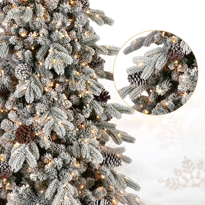 6FT Flocked PE/PVC Christmas Tree with 600 Warm White LED Lights-935 Tips, 31 Natural Pine Cones, Snowy Effect, Hinged Branches