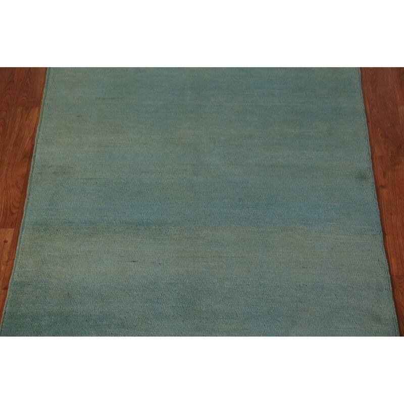 Green & Blue Gabbeh Modern Rug Handmade Stripe Wool Carpet - 3'4" x 4'10"