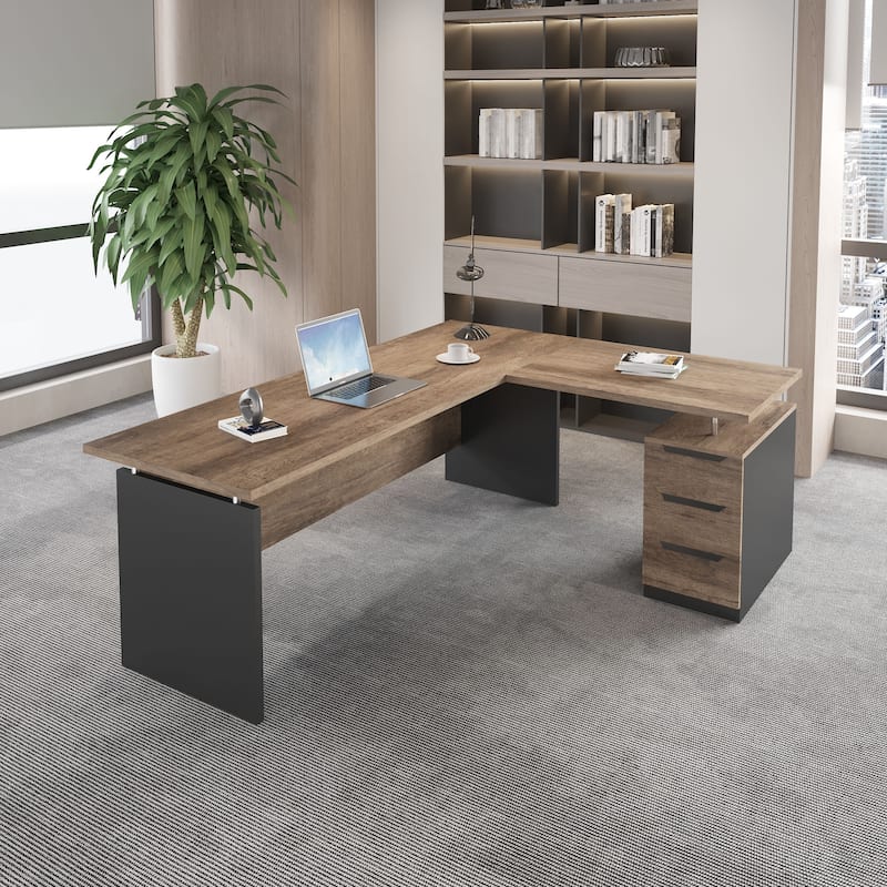 WESOME 63-inch L Shaped Executive Desk, Industrial Modern Office Desk with 3 Storage Drawers