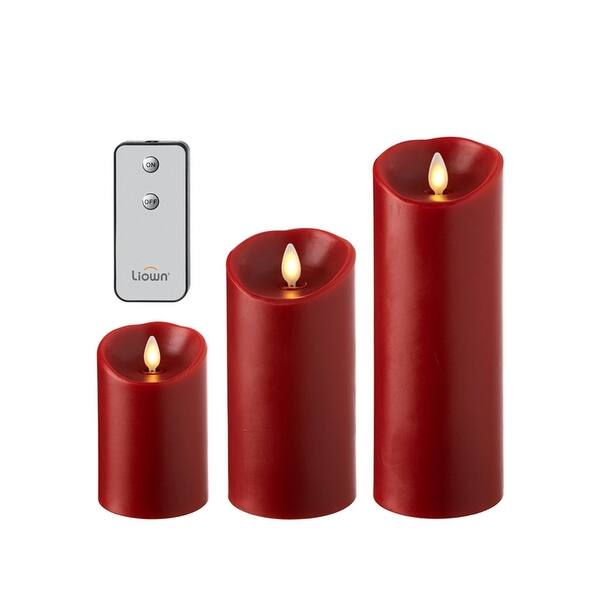 Push Flame Red Pillar Candles With Remote, Set Of 3 2C Flameless Candles Exact Size Bed