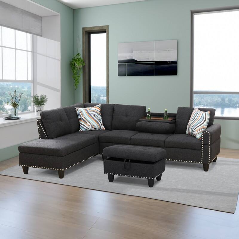 Modular Living Room Sectional with Storage Ottoman and Flip-Top Console, Black or Gray