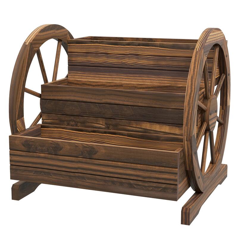 Carbonized Fir Wood Raised Planter with Wagon Wheel Design - 3 Tier