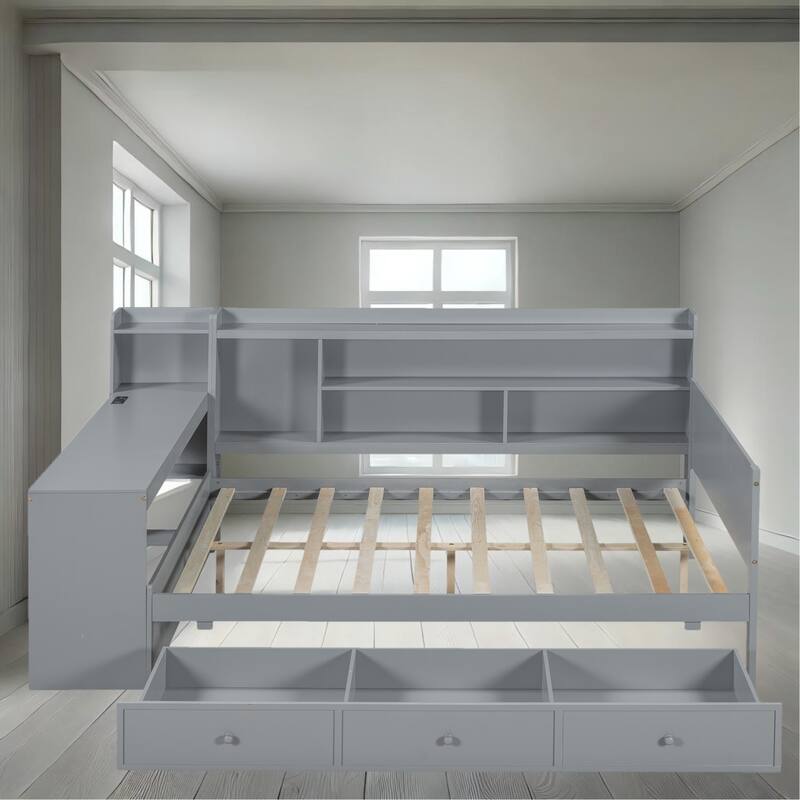 Daybed with Storage Drawers, Desk & USB Ports, Twin/Full Size Wooden Frame for Kids & Teens - Grey - Full