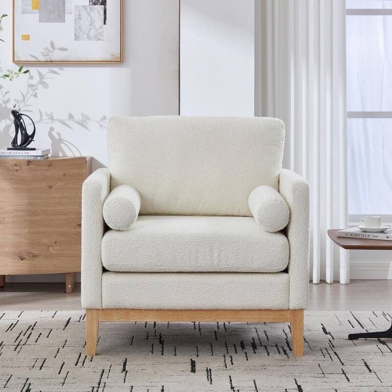 Boucle Armchair with Storage Ottoman - 300lb Capacity, Farmhouse Style - White + Gold - Without Ottoman