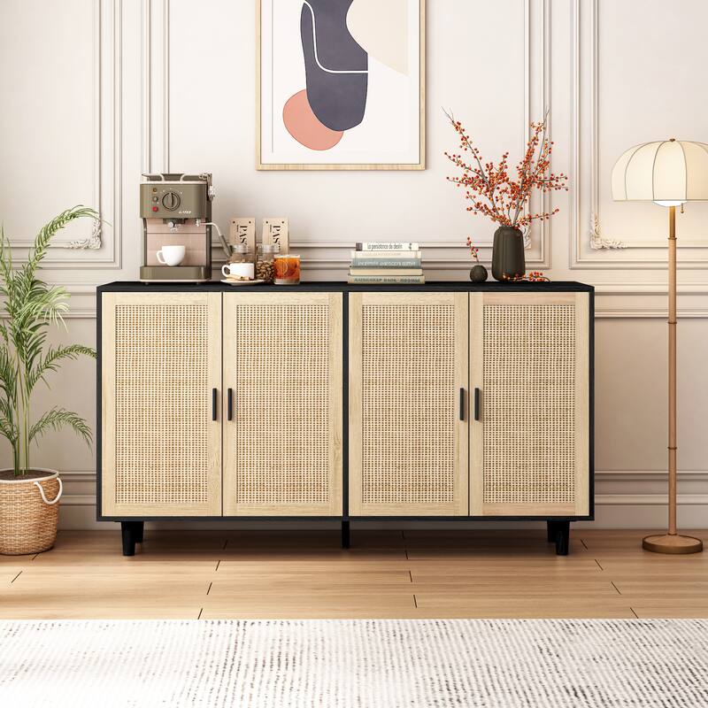 Rattan Sideboard Storage Cabinet Console Table with Adjustable Shelf