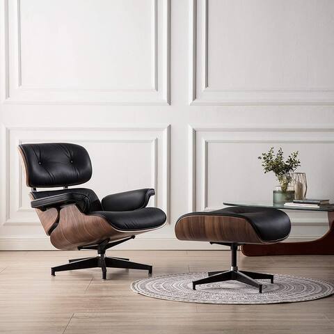 Mid-Century Real Leather Upholstered Lounge Chair with Ottoman
