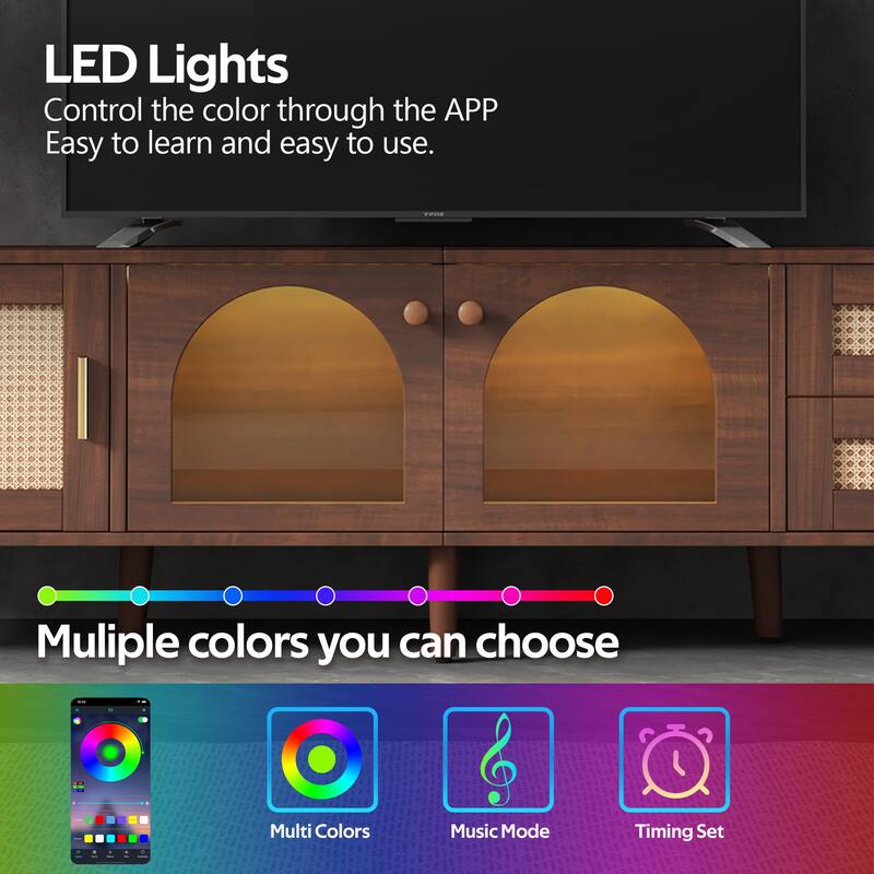 70" TV Stand for TVs up to 80" with App-Controlled LED Lights, 2 Drawers & Glass-Door Storage, Modern Media Console