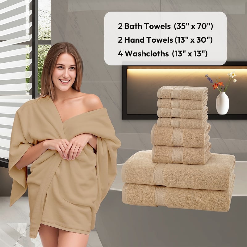 Extra Large 8 Pieces Bath Towel Set, 100% Cotton Highly Absorbent Towels for Bathroom