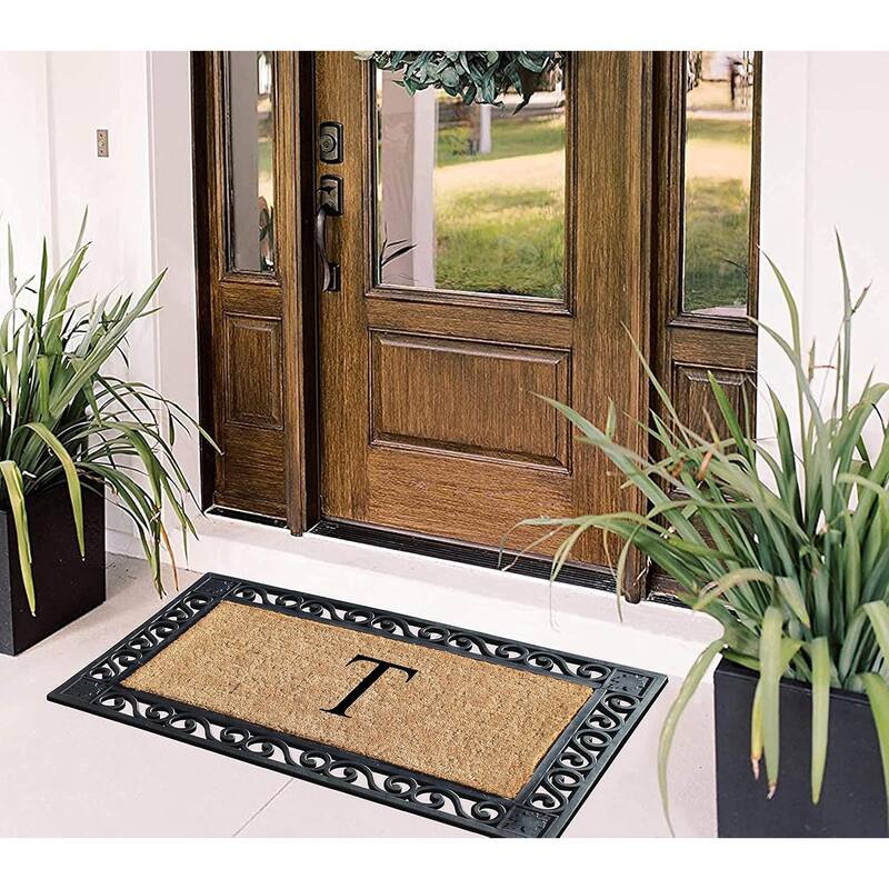 A1HC Rubber and Coir Maple Leaf, Heavy Weight Durable Monogrammed Doormat, 23"X38" Black