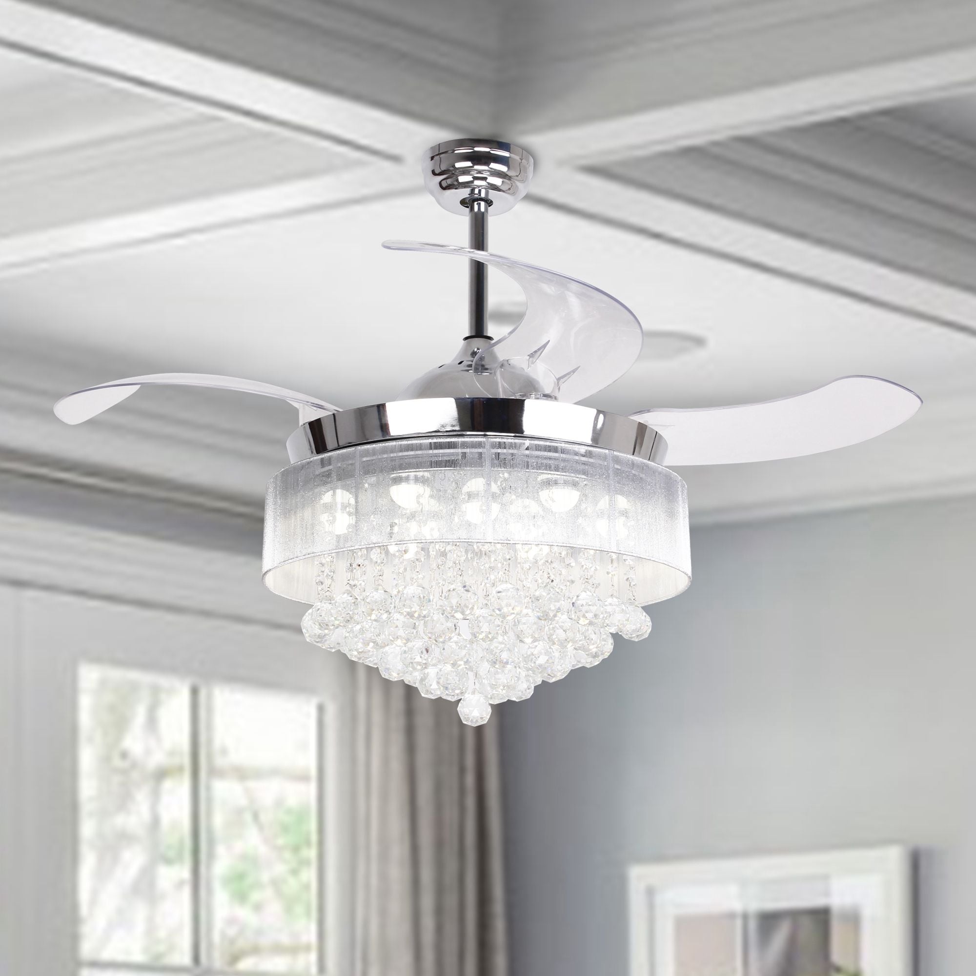 46" Modern Ceiling Fan Light and Remote Control Retractable Chandelier Fan,White 