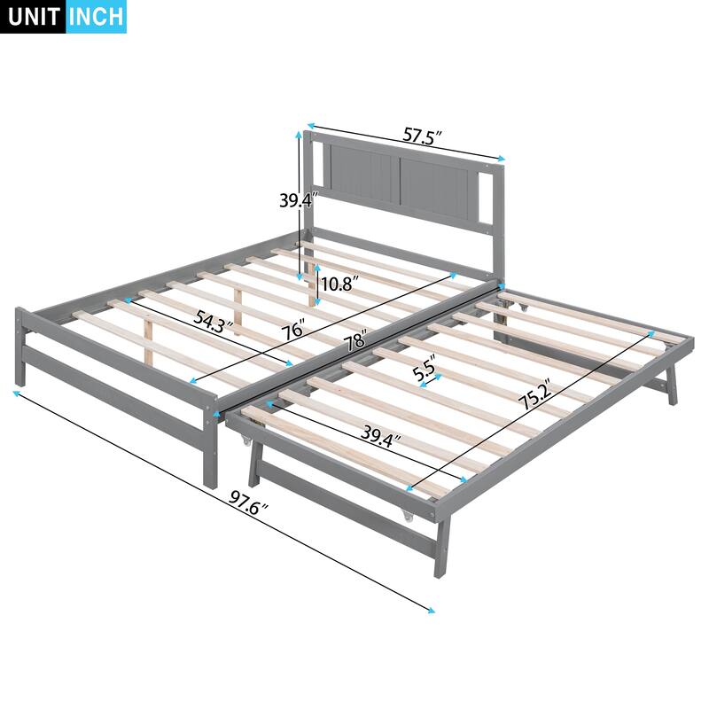Adjustable Trundle Full Size Platform Bed - Pine Wood Frame with Stable Headboard, for Small Spaces or Guest Rooms