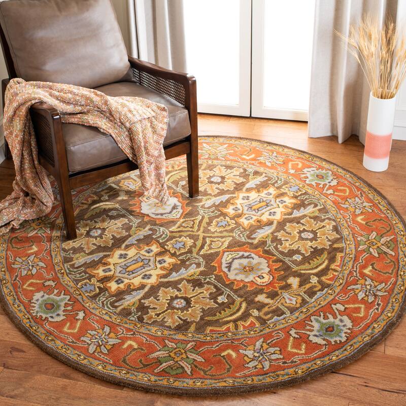 SAFAVIEH Handmade Heritage Dot Daisy Traditional Oriental Wool Rug - 6' x 6' Round - Chocolate/Tangerine - Runner/Round