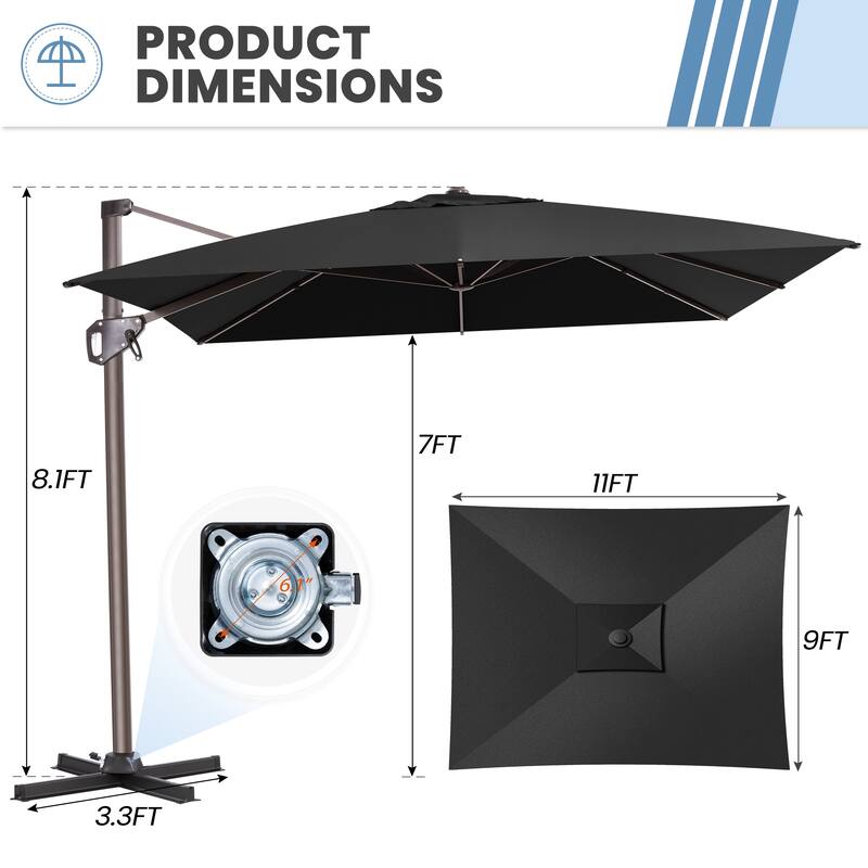 11 x 9 FT Rectangle Outdoor Premium Patio Cantilever Offset Umbrella