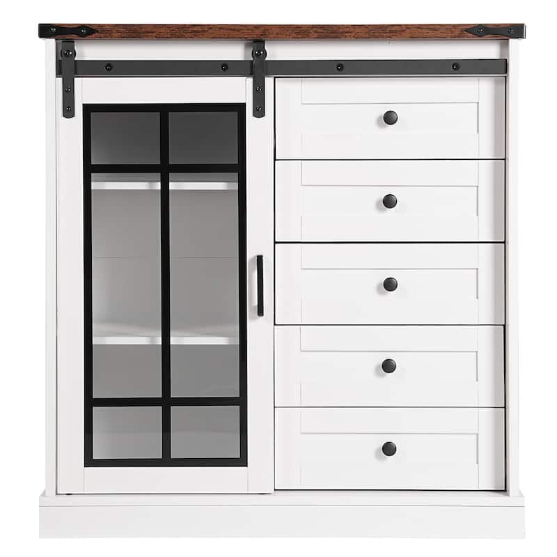 Wooden Storage Cabinet with LED Lights, 5 Drawers and Adjustable Shelves, Rustic Barn Door File Cabinet - White + Deep Walnut