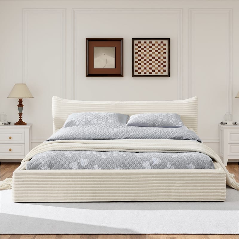 Queen Size Upholstered Bed Frame Velvet Fabric Platform Bed with Decorative Curved Headboard and Solid Wood Frame - Beige