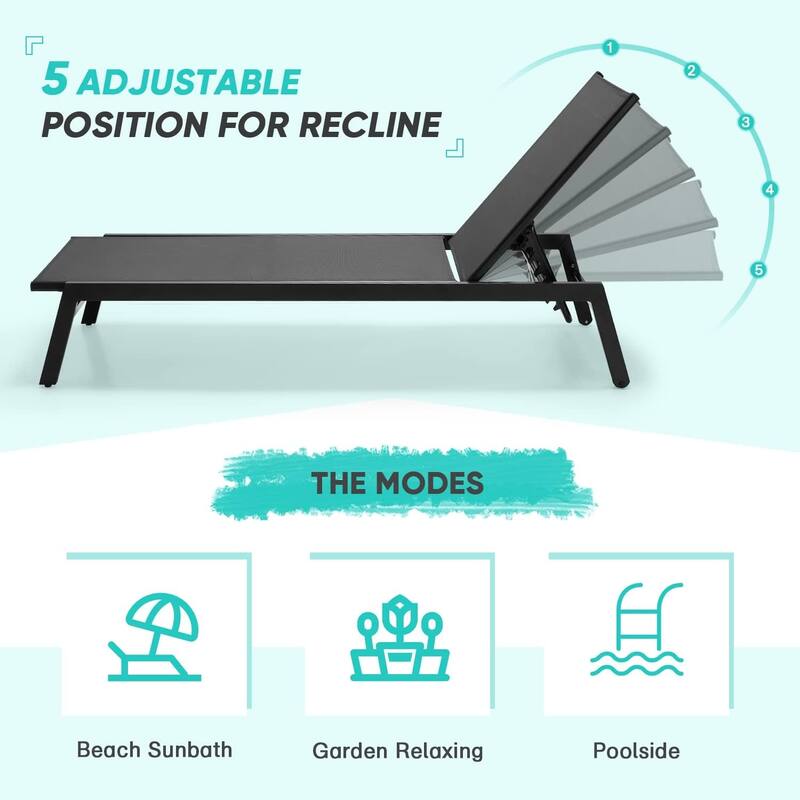 Erommy Outdoor Chaise Lounge, Aluminum Patio Lounge Chair with Wheels, All-Weather Five-Position Adjustable Reclining Chair