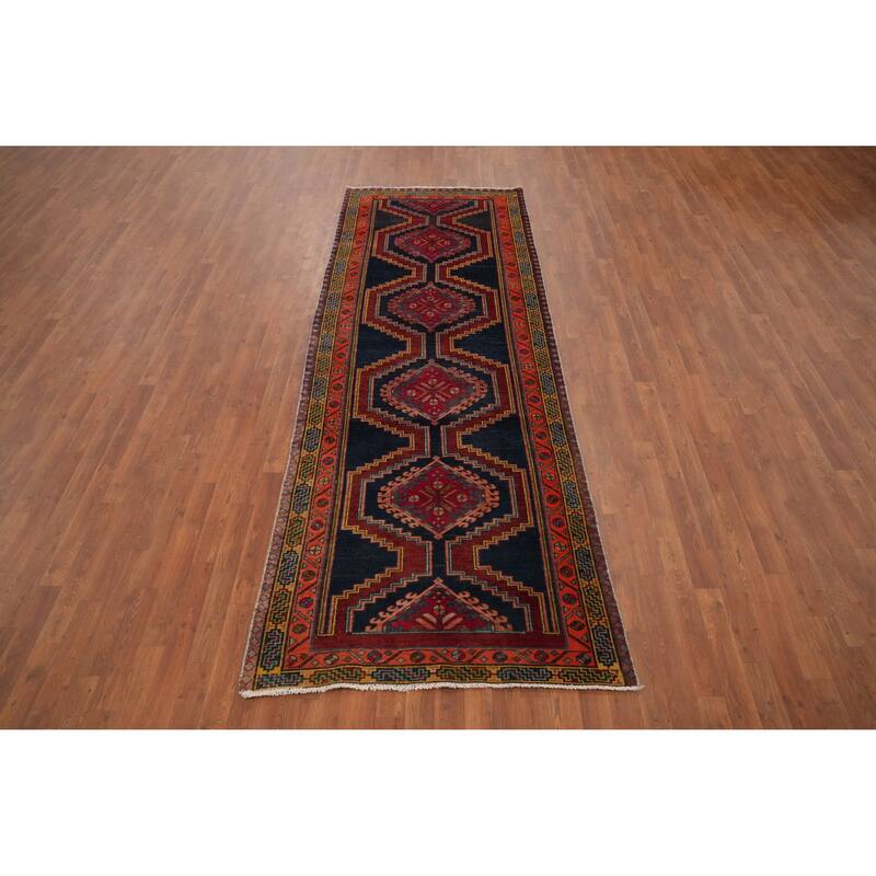 Hand Knotted Oriental 100% Wool Carpet Traditional Geometric Navy Blue & Blues Ardebil Runner Rug - 10' 5'' X 3' 9''