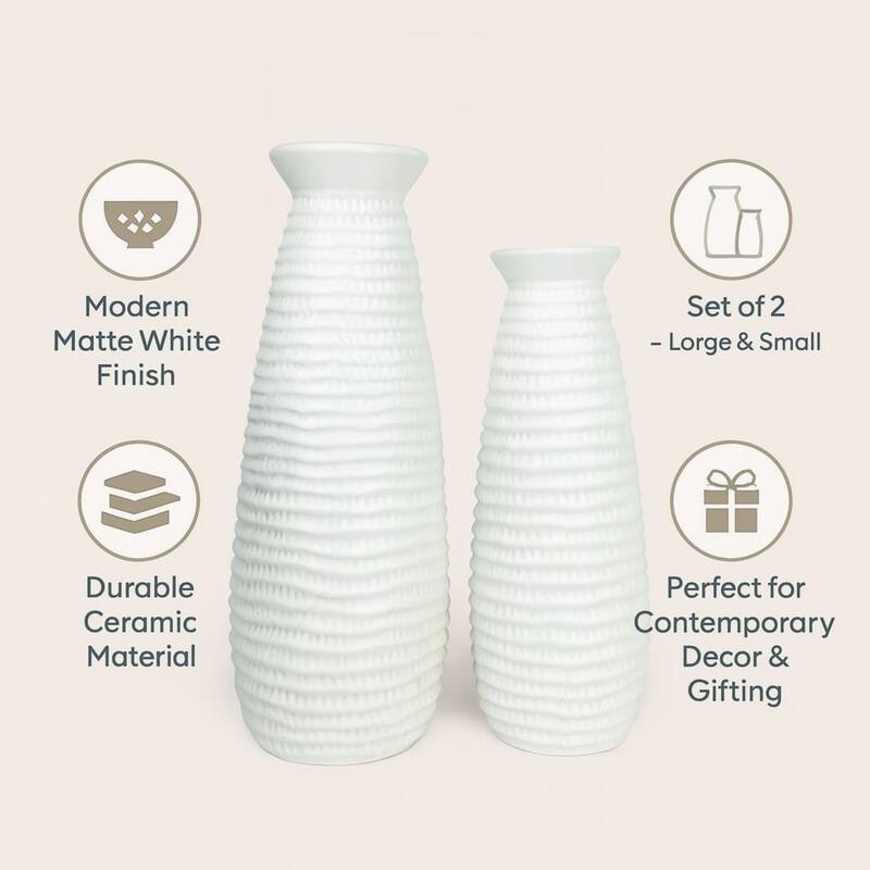 White Ceramic Vase Set of Two with Matte Finish and Cylindrical Shape