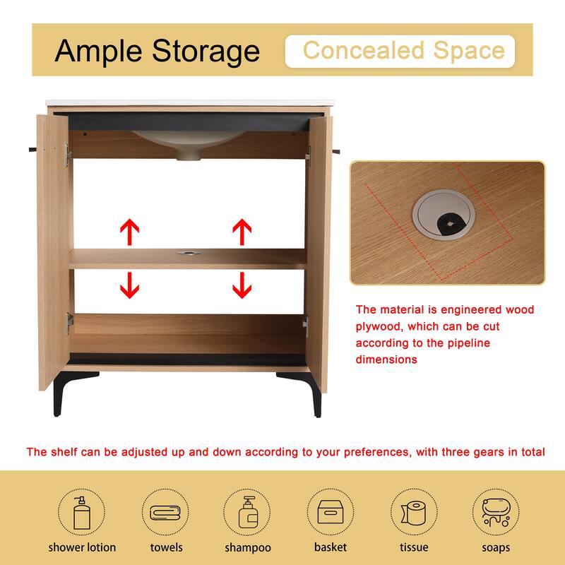 Malwee 24"/30" FreeStanding Bathroom Vanity, Floor Stand Bathroom Vanity with Sink,Soft Close Door and Adjustable shelf
