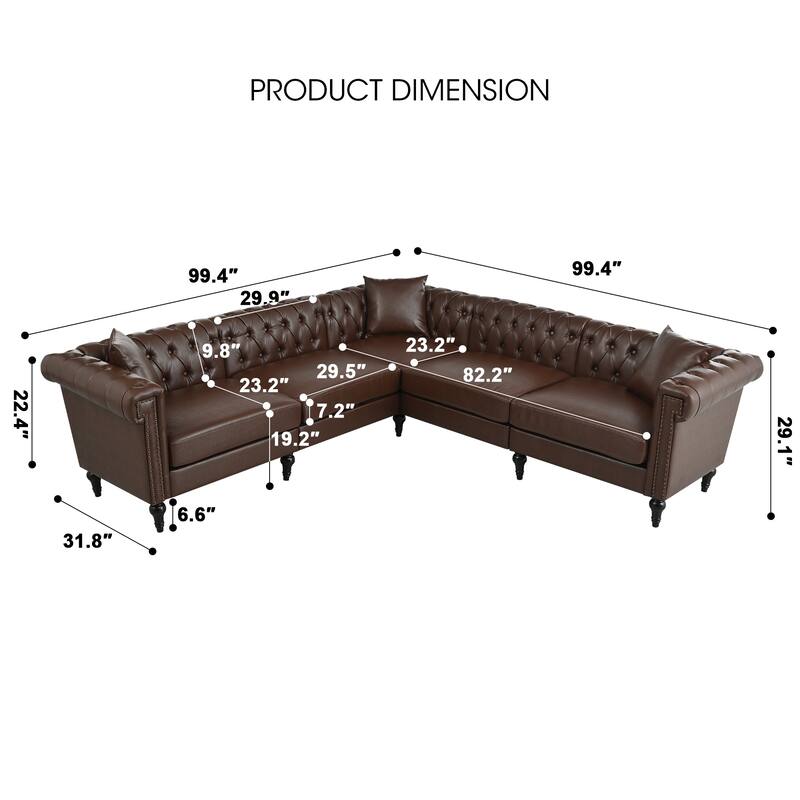 Sectional Sofa Couch for Living Room, L Shaped Reversible Modern Chesterfield Sofa with Rolled Arms and Nailhead