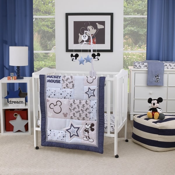 slide 2 of 5, Disney Mickey Mouse Timeless Mickey Stars and Icons 3 Piece Nursery Mini Crib Bedding Set