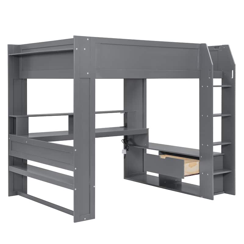 Dark Gray Full Size Solid Wood MDF Gaming Loft Bed with Desk, Shelves, LED, and Charging Station