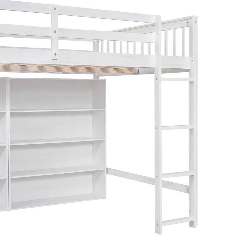 Full Loft Bed with 8 Storage Shelves, Built-in Ladder, and Safety Guardrails - Perfect for Kids' Study and Play Area