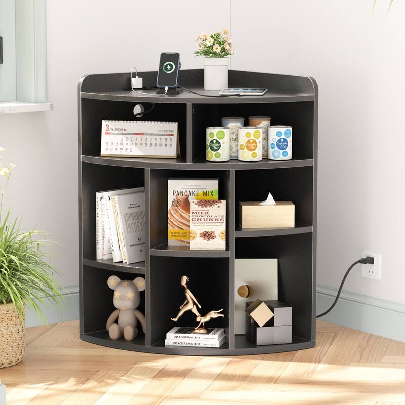 VECELO Corner Cabinet with Charging Station or No Charging Station 3-Tier Bookcase Storage Organizer Triangle Corner Bookcases - With Charging Station and Adjustable Shelf - Black