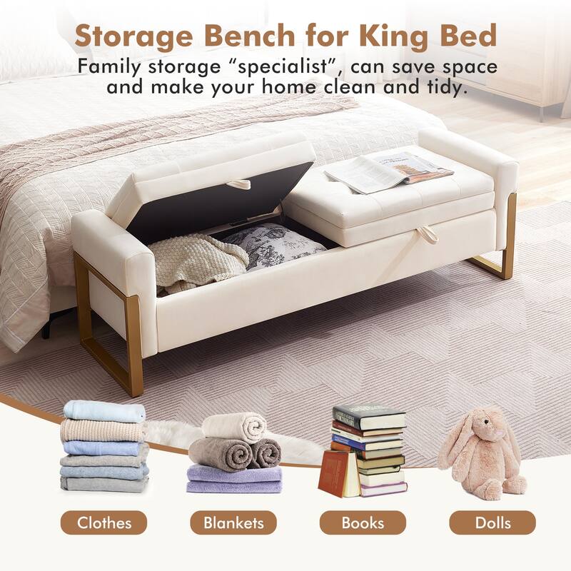 66" Storage Bench King Size End of Bed with Double Lids and Gold Legs