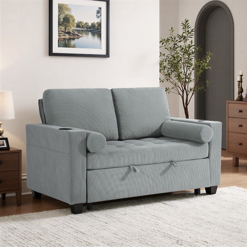 3-in-1 Corduroy Sleeper Sofa Pull-Out Bed Convertible Adjustable Loveseat with USB Port